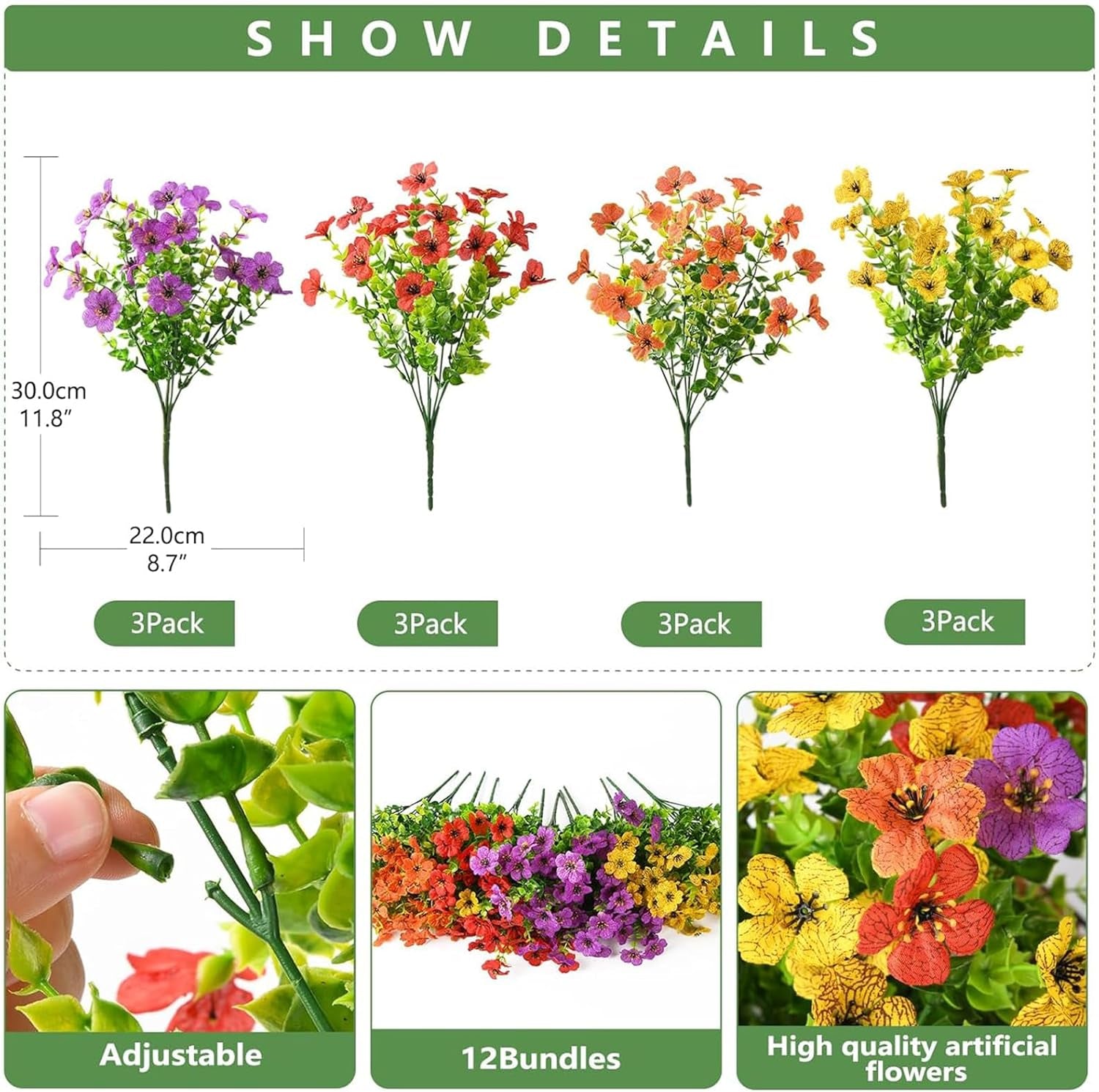 Artificial Flowers for Outdoors Faux Plants Outdoor Fake Flowers Spring Decoration,12 Bundles Faux Silk Colorful Daisy Realistic UV Resistant for outside Home Planter Window Porch Patio Yard