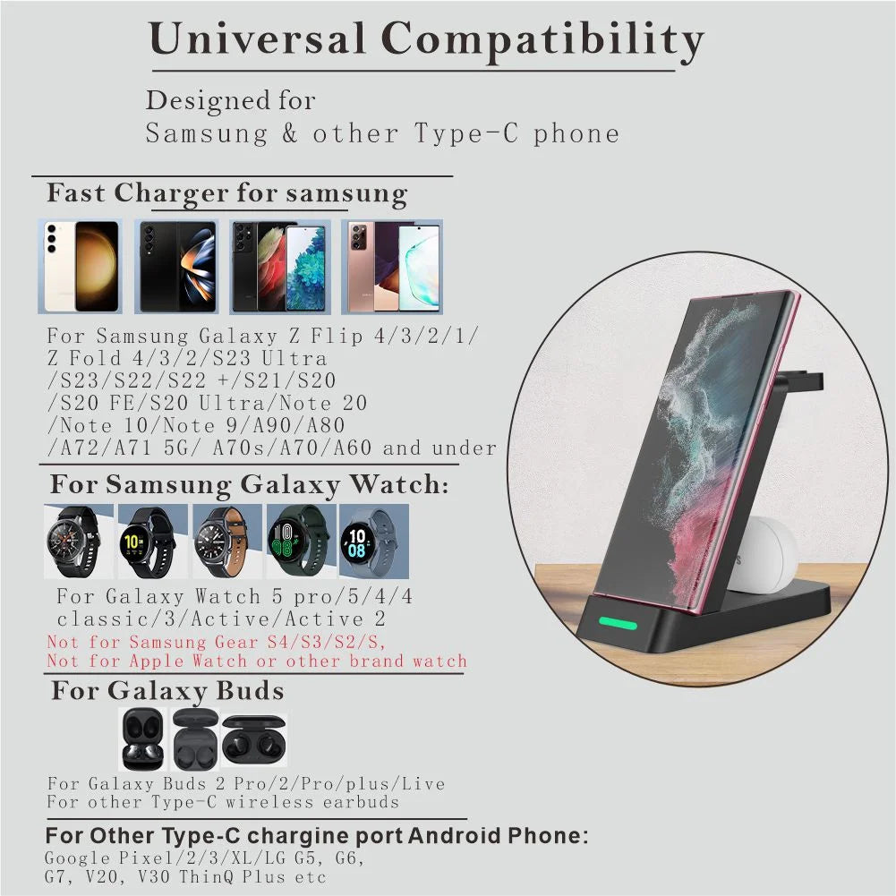 3-In-1 Docking Station with USB Type-C Cable for Samsung Galaxy S23 Ultra& S23, Black