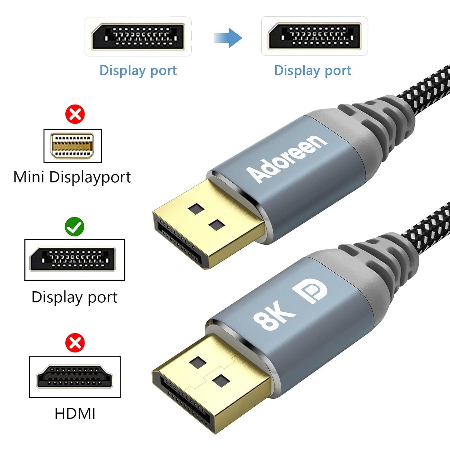 8K Displayport 1.4 Cable 15 Feet, DP Cord from 1.5-30FT (8K@60Hz 4K@144Hz 1080P@240Hz 2K 32.4Gbps) HBR3 HDCP Hdr,Freesync G-Sync,Braided Display Port for Monitor 3090 Graphics + 5 Ties-Not HDMI