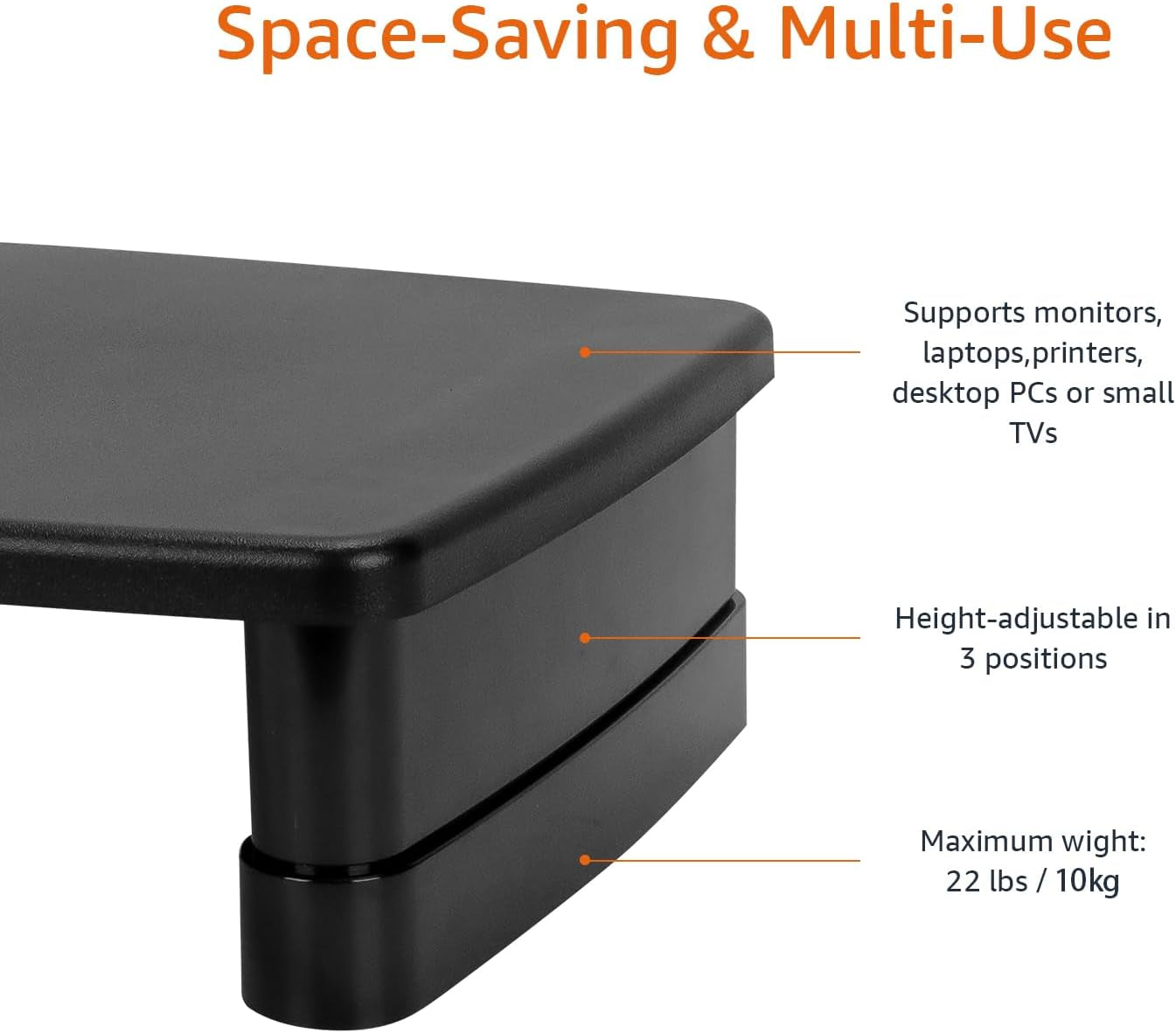 Height Adjustable Monitor Stand Riser with Storage Organizer, Multifunctional Desk Accessories for Reduced Neck Strain - Fits Monitors, Laptops up to 22Lbs, Black