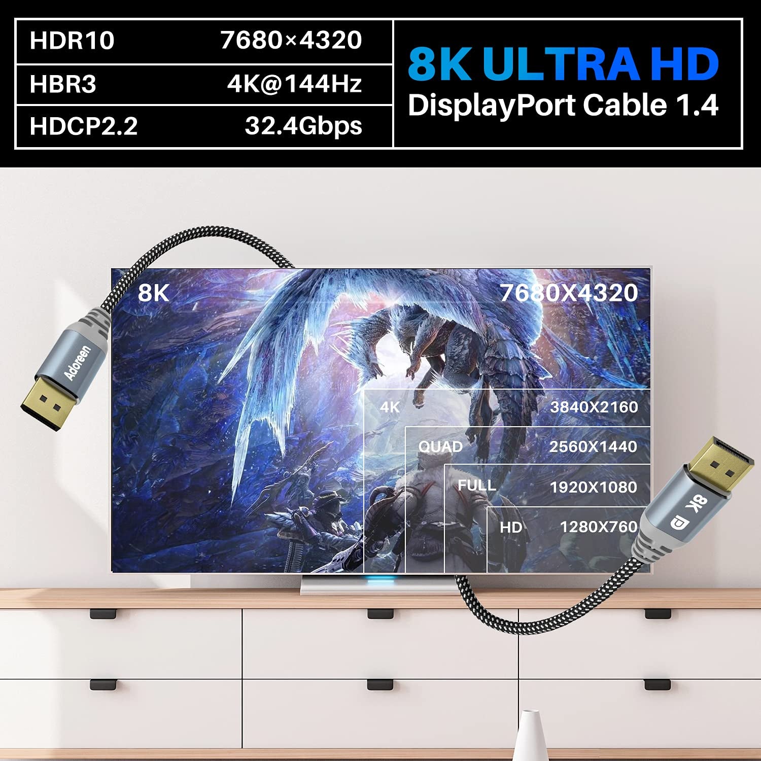 8K Displayport 1.4 Cable 15 Feet, DP Cord from 1.5-30FT (8K@60Hz 4K@144Hz 1080P@240Hz 2K 32.4Gbps) HBR3 HDCP Hdr,Freesync G-Sync,Braided Display Port for Monitor 3090 Graphics + 5 Ties-Not HDMI