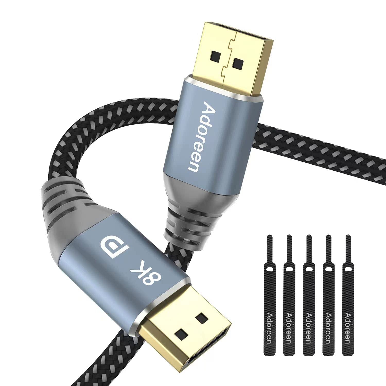 8K Displayport 1.4 Cable 15 Feet, DP Cord from 1.5-30FT (8K@60Hz 4K@144Hz 1080P@240Hz 2K 32.4Gbps) HBR3 HDCP Hdr,Freesync G-Sync,Braided Display Port for Monitor 3090 Graphics + 5 Ties-Not HDMI