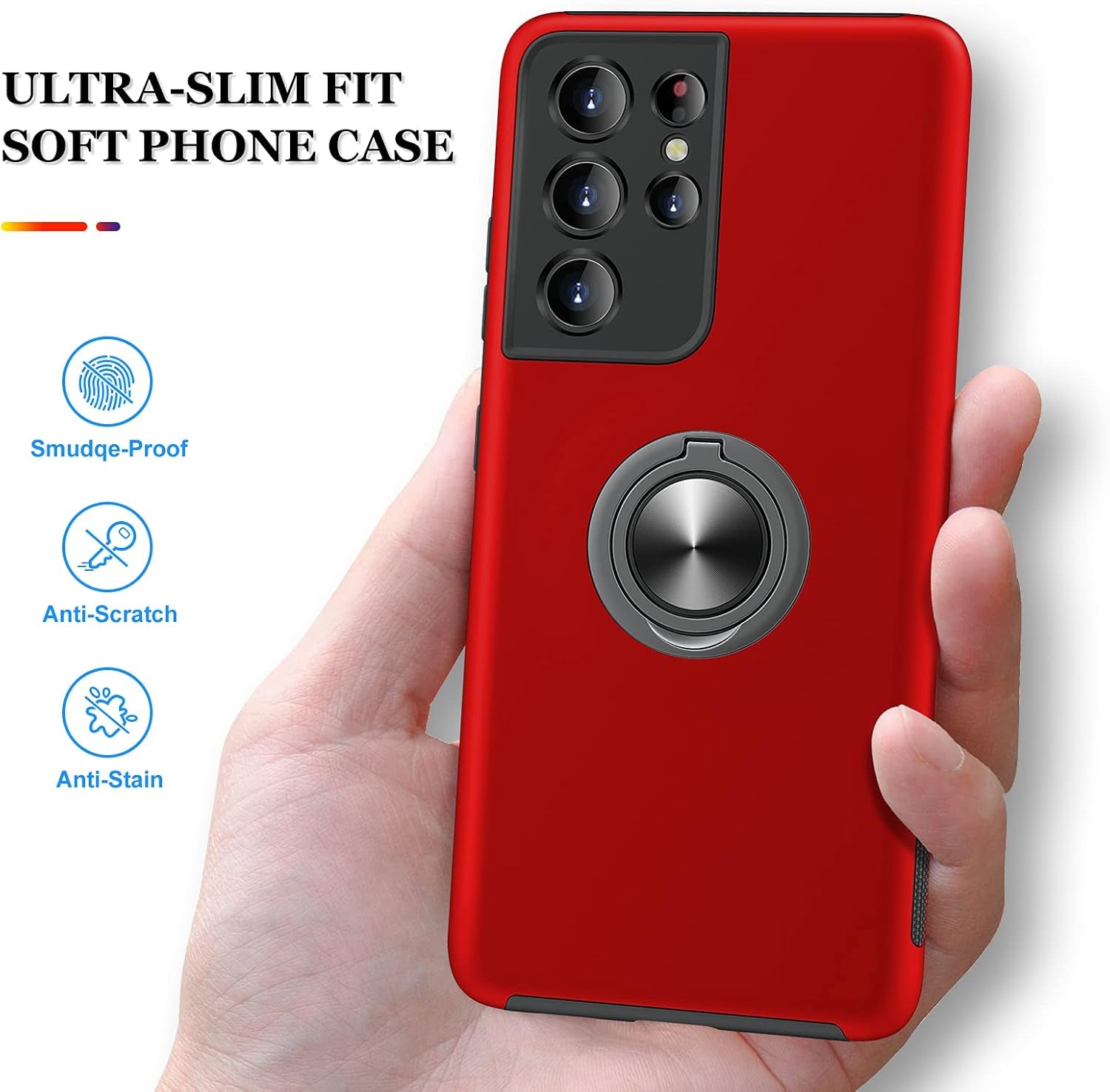 for Samsung Galaxy S21 Ultra Case, Slim Soft Bumper Protective Cover for Samsung S21 Ultra Case, with Invisible Ring Holder Kickstand Cover for Galaxy S21 Ultra, Red