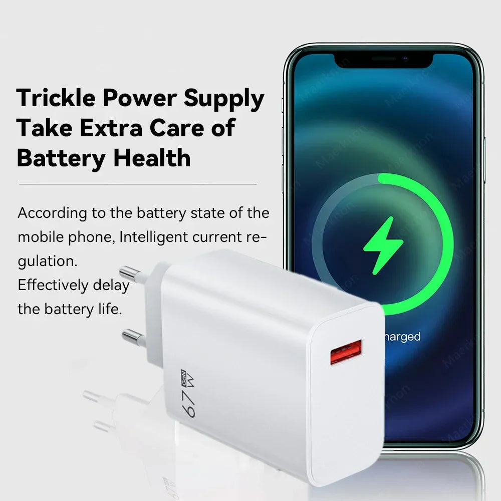 Gan 67W USB Charger Fast Charging EU/US/UK Plug Charger Adapter 10A Type C Cable for Iphone Samsung Xiaomi Huawei Quick Charger