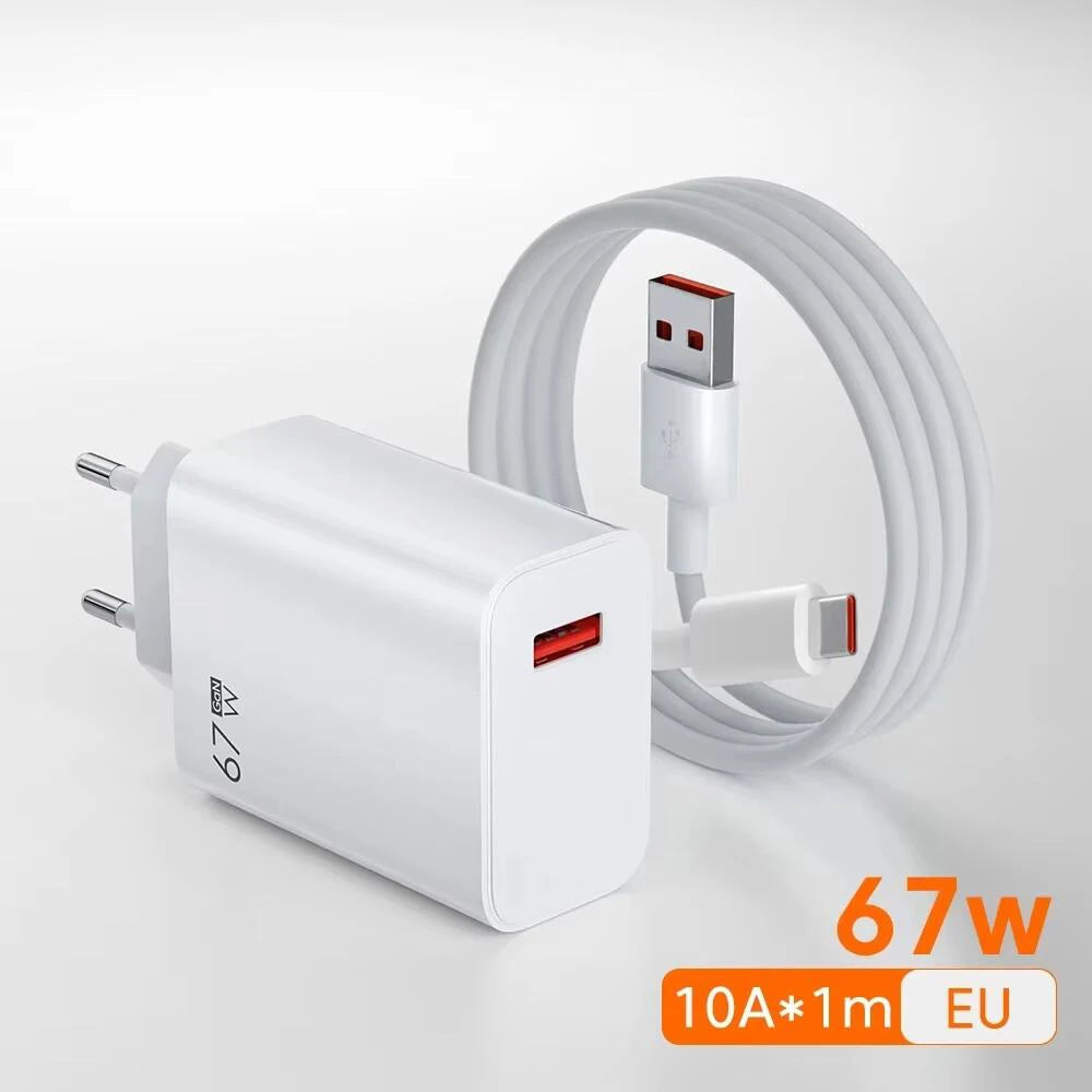Gan 67W USB Charger Fast Charging EU/US/UK Plug Charger Adapter 10A Type C Cable for Iphone Samsung Xiaomi Huawei Quick Charger
