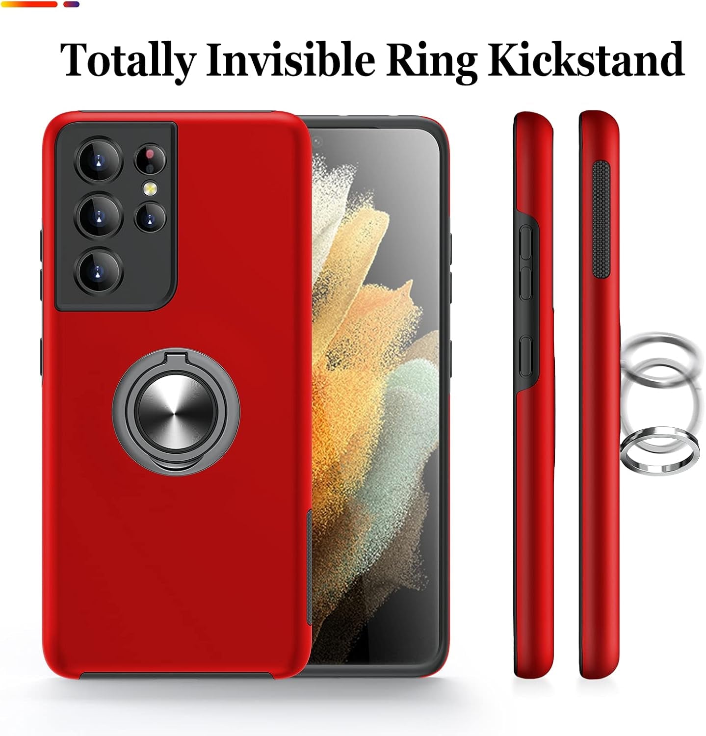 for Samsung Galaxy S21 Ultra Case, Slim Soft Bumper Protective Cover for Samsung S21 Ultra Case, with Invisible Ring Holder Kickstand Cover for Galaxy S21 Ultra, Red
